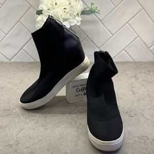 Steve Madden Black Knit Wedge Zip Sneakers with White Sole